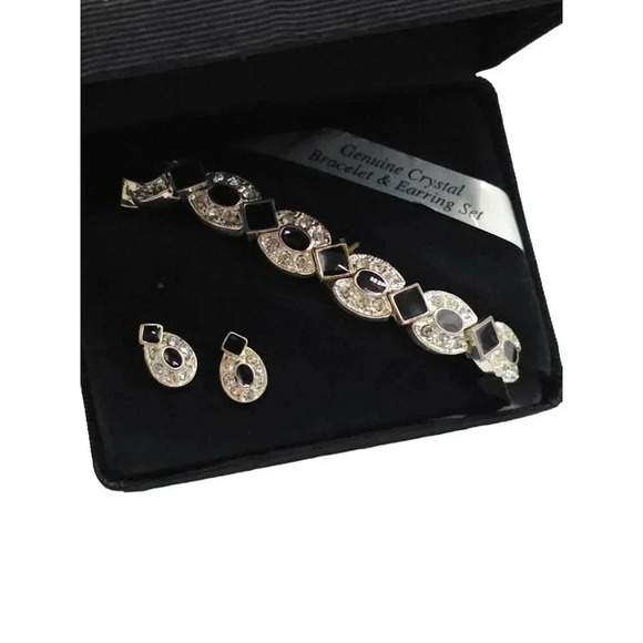 Genuine Crystal Bracelet Earring Set With Black Enamel Clear Rhinestones - Picture 1 of 4